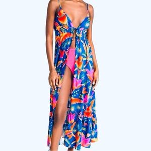 Farm Rio x Anthropologie Macaw Party Beaded Cover-Up Maxi Dress Blue Size XS
